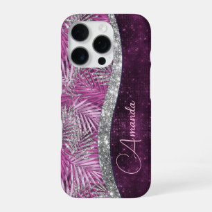 Girly pink purple silver glitter leaves monogram iPhone 16 pro case