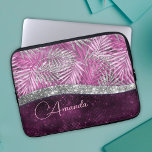 Girly pink purple silver glitter leaves monogram laptop sleeve<br><div class="desc">Pretty chic and elegant girly faux silver glitter and purple pink fuchsia leaves to create a special unique stylish Laptop sleeve. Add some style to your office, desk, or personal space with a Chic and stylish custom name and monogram Laptop sleeve.. personalise it with a script name and monogram. The...</div>