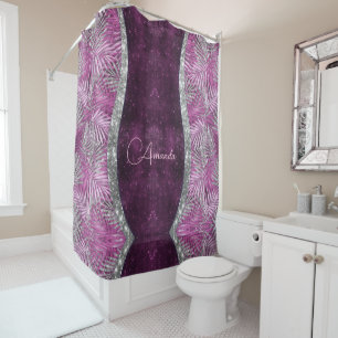 Girly pink purple silver glitter leaves monogram shower curtain