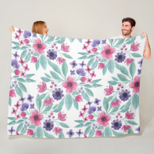 Girly Pink Purple Teal Watercolor Floral Pattern Fleece Blanket