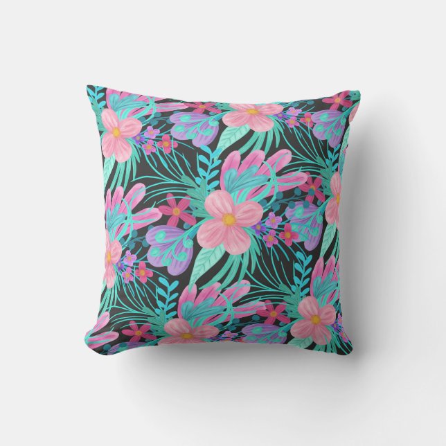 Girly Pink Purple Teal Watercolor Flowers Leaves Cushion (Front)