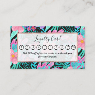 Girly Pink Purple Teal Watercolor Flowers Leaves Loyalty Card