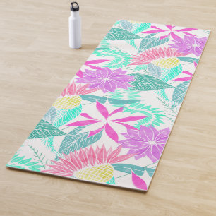 Girly Pink Purple Teal Watercolor Flowers Leaves Yoga Mat