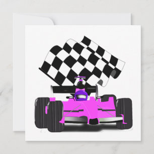 Girly Pink Race Car with Chequered Flag Invitation