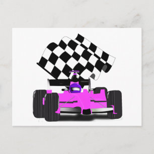 Girly Pink Race Car with Chequered Flag Postcard