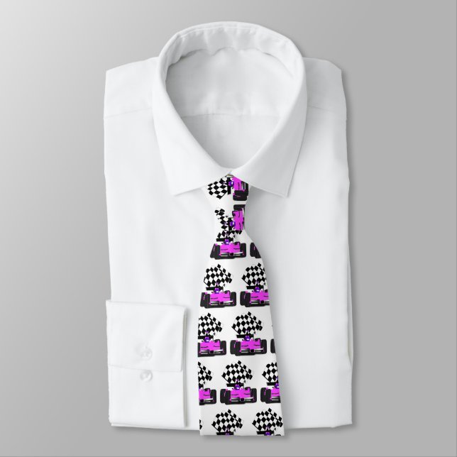 Girly Pink Race Car with Chequered Flag Tie (Tied)