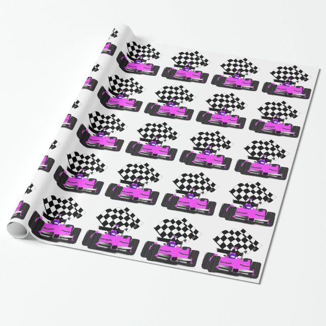 Girly Pink Race Car with Chequered Flag Wrapping Paper (Unrolled)