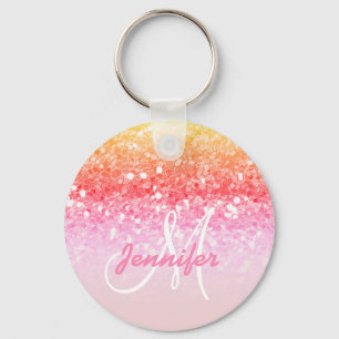 Girly Pink Rainbow Glitter Sparkles Monogram Name Key Ring