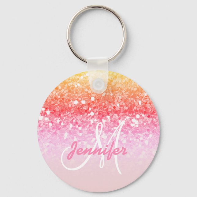 Girly Pink Rainbow Glitter Sparkles Monogram Name Key Ring (Front)