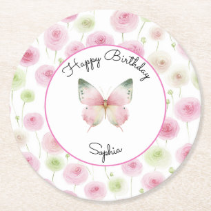 Girly Pink Ranunculus Flowers Birthday Round Paper Coaster
