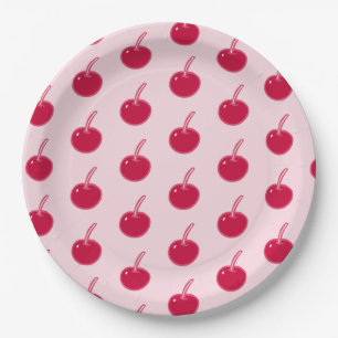 Girly Pink Red Cherries Birthday Paper Plate