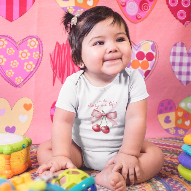 Girly Pink Red Coquette Cherry First 1st Birthday  Baby Bodysuit (Girly Pink Red Coquette Cherry First 1st Birthday Baby Bodysuit)