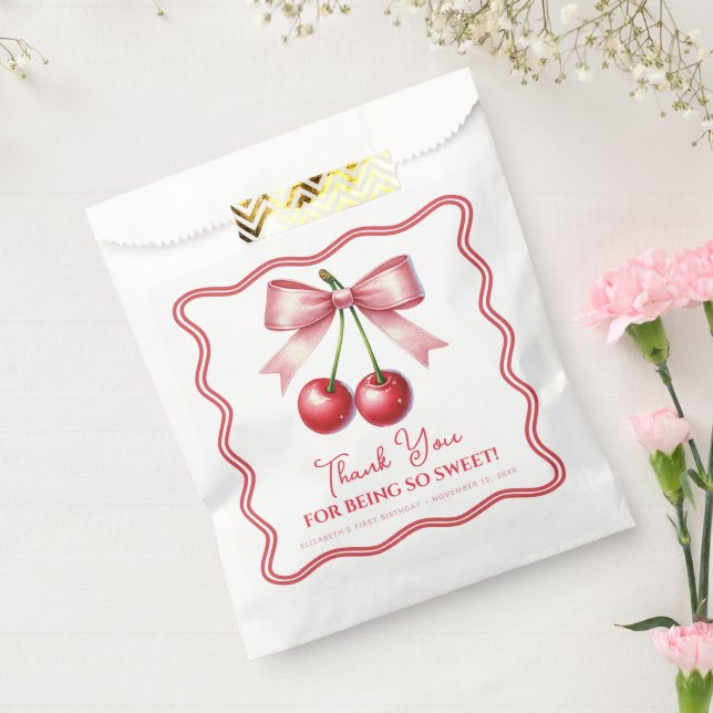 Girly Pink Red Coquette Cherry First 1st Birthday  Favour Bag (Sealed)