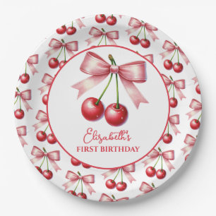 Girly Pink Red Coquette Cherry First 1st Birthday  Paper Plate