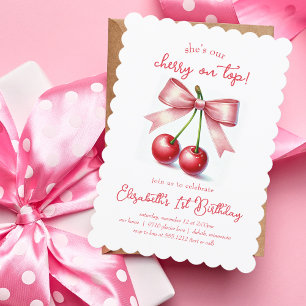 Girly Pink Red Coquette Cherry First Birthday  Invitation