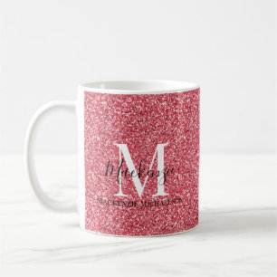 Girly Pink Red Glitter Monogram Name Coffee Mug