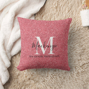 Girly Pink Red Glitter Monogram Name Cushion