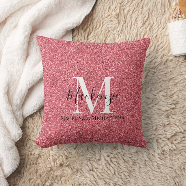 Girly Pink Red Glitter Monogram Name  Cushion (Blanket)