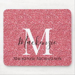Girly Pink Red Glitter Monogram Name Mouse Pad