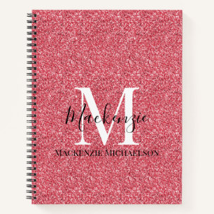 Girly Pink Red Glitter Monogram Name Notebook