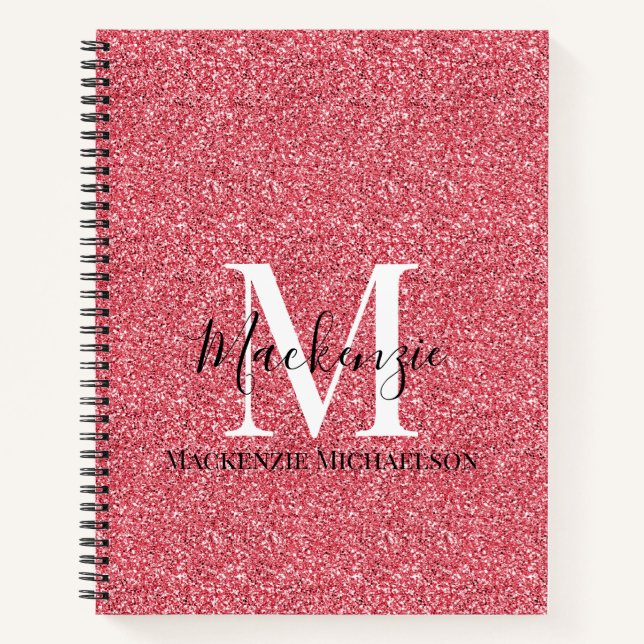 Girly Pink Red Glitter Monogram Name Notebook (Front)