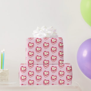 Girly Pink Red Heart Shaped Birthday Cake  Wrapping Paper