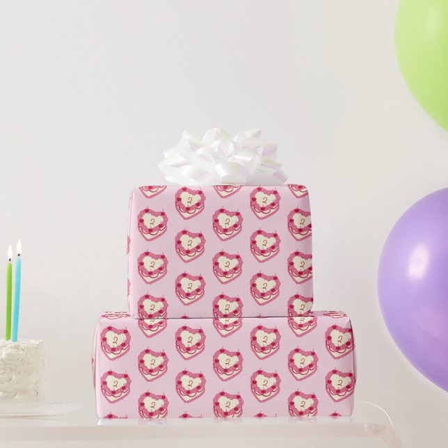 Girly Pink Red Heart Shaped Birthday Cake  Wrapping Paper (Party Gifts)