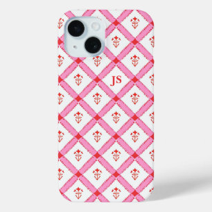 Girly Pink & Red Pattern With Initials iPhone 15 Case