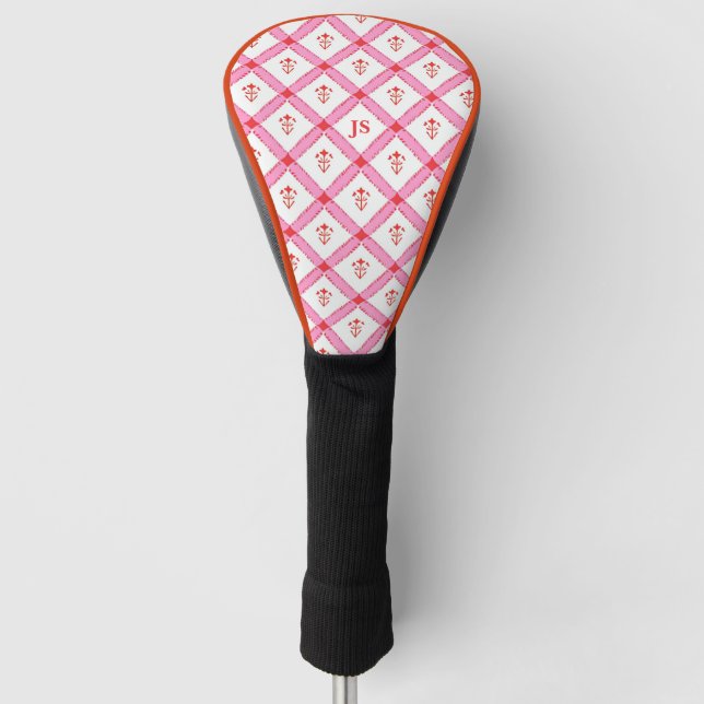 Girly Pink & Red Pattern With Initials Golf Head Cover (Front)