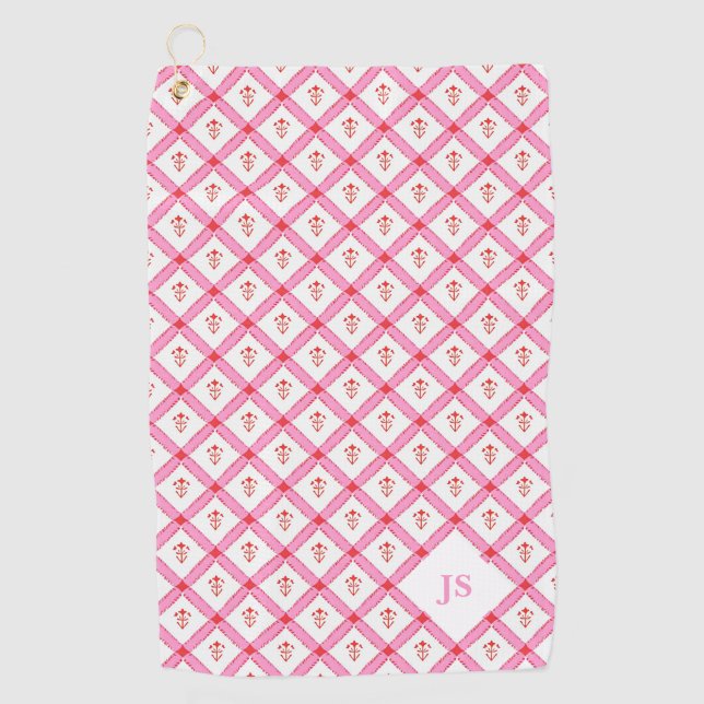 Girly Pink & Red Pattern With Initials Golf Towel (Front)