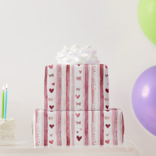 Girly Pink Red White Hearts Bows Stripes Birthday Wrapping Paper