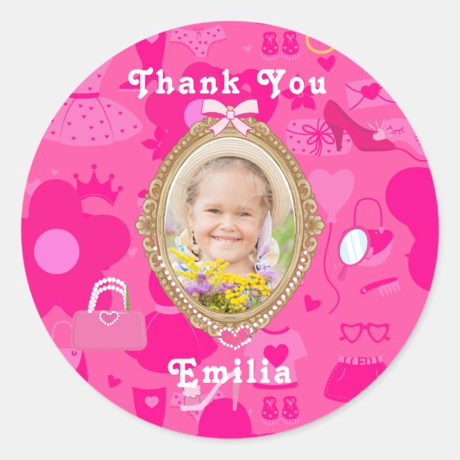 Girly Pink Retro Doll Let's Go Party Birthday Classic Round Sticker (Front)