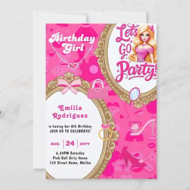 Girly Pink Retro Doll Let's Go Party Birthday Invitation (Front)