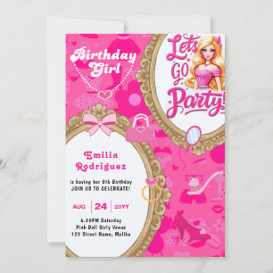 Girly Pink Retro Doll Let's Go Party Birthday Invitation