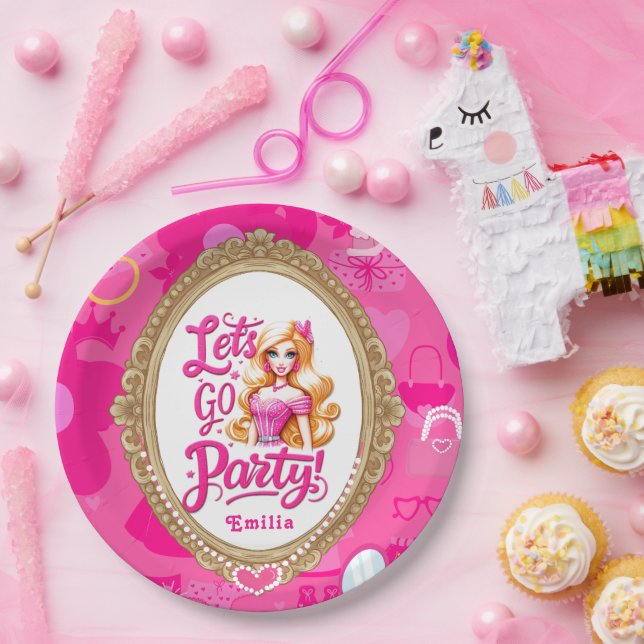 Girly Pink Retro Doll Let's Go Party Birthday Paper Plate (Party)