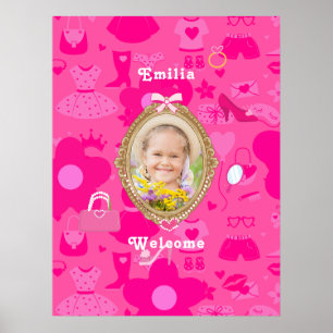 Girly Pink Retro Doll Let's Go Party Birthday Poster