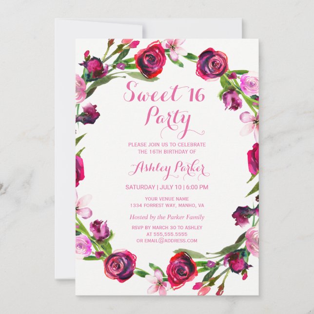 Girly Pink Rose Flower Sweet 16 Party Invitation (Front)