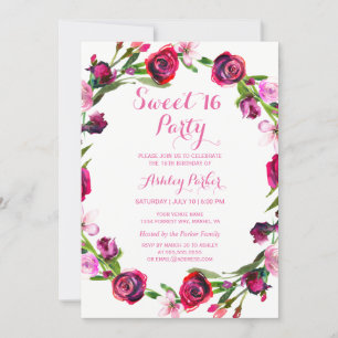 Girly Pink Rose Flower Sweet 16 Party Invitation