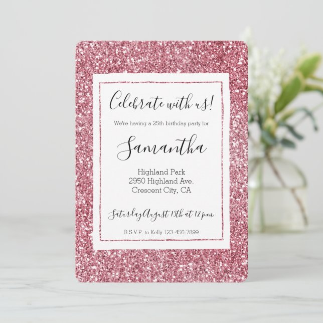 Girly Pink Rose Glitter Invitation (Standing Front)