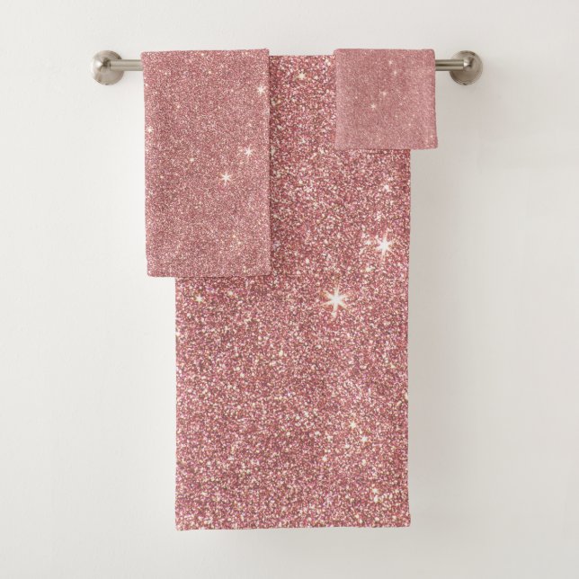 Girly Pink Rose Gold Chic Faux Glitter Pattern Bath Towel Set (Insitu)