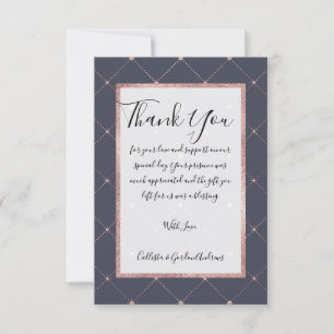 Girly Pink Rose Gold Diamond Navy Blue Geometric Thank You Card