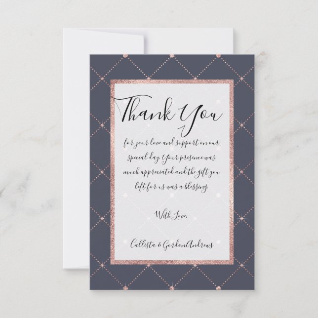 Girly Pink Rose Gold Diamond Navy Blue Geometric Thank You Card (Front)