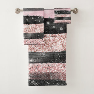 Girly Pink Rose Gold Glitter and Modern Black Bath Towel Set