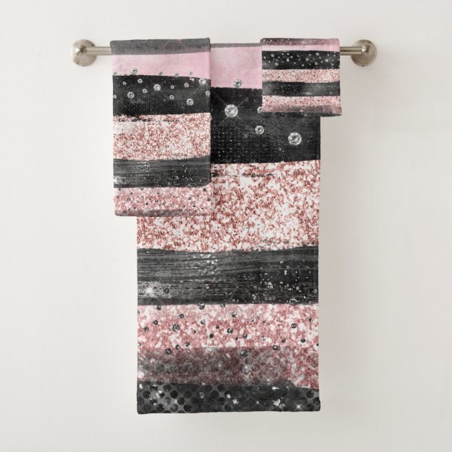 Girly Pink Rose Gold Glitter and Modern Black  Bath Towel Set (Insitu)