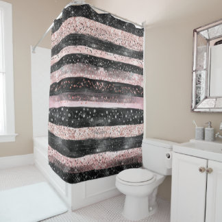 Girly Pink Rose Gold Glitter and Modern Black  Shower Curtain