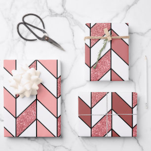 Girly Pink Rose Gold Glitter Herringbone Chevron Wrapping Paper Sheet