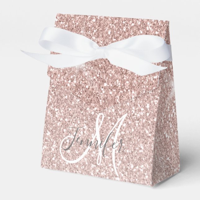 Girly Pink Rose Gold Glitter Name Monogram Favour Box (Front Side)