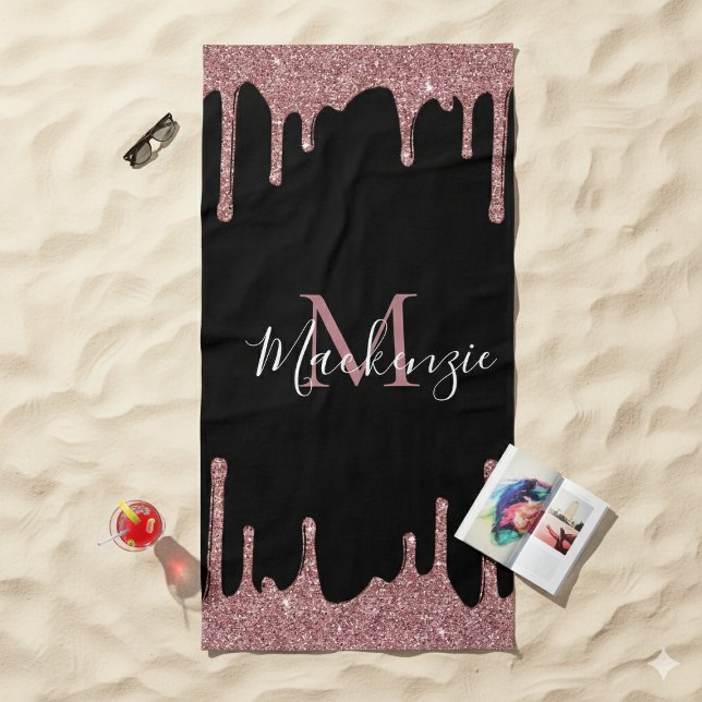 Girly Pink Rose Gold Glitter Sparkle Drips Black Beach Towel (Girly Pink Rose Gold Glitter Sparkle Drips Black Beach Towel)