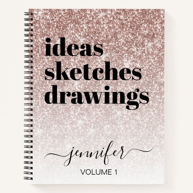 Girly Pink Rose Gold Glitter Your Name Sketchbook Notebook (Front)