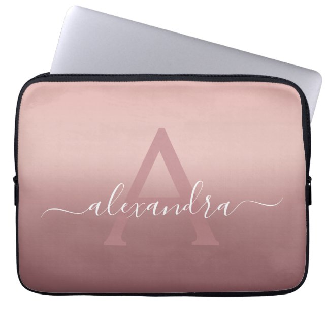 Girly Pink Rose Gold Mongram Ombre Gradient Laptop Sleeve (Front)
